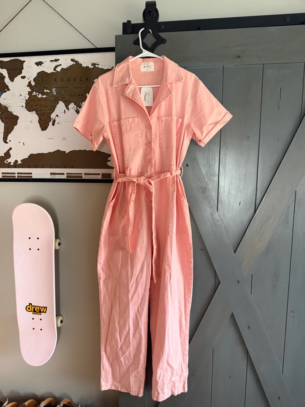 The Native One - Pink Button-Front Utility Jumpsuit with Waist Tie